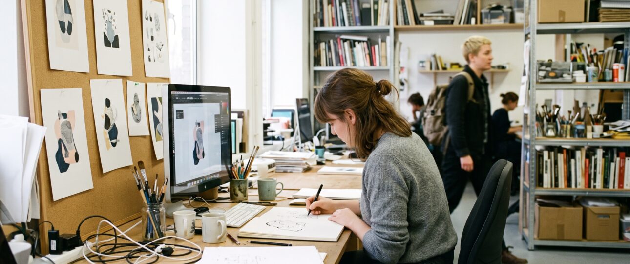 Un illustrateur travaille à son bureau dans un studio partagé, avec écran, carnet A3 et tirages accrochés au mur.